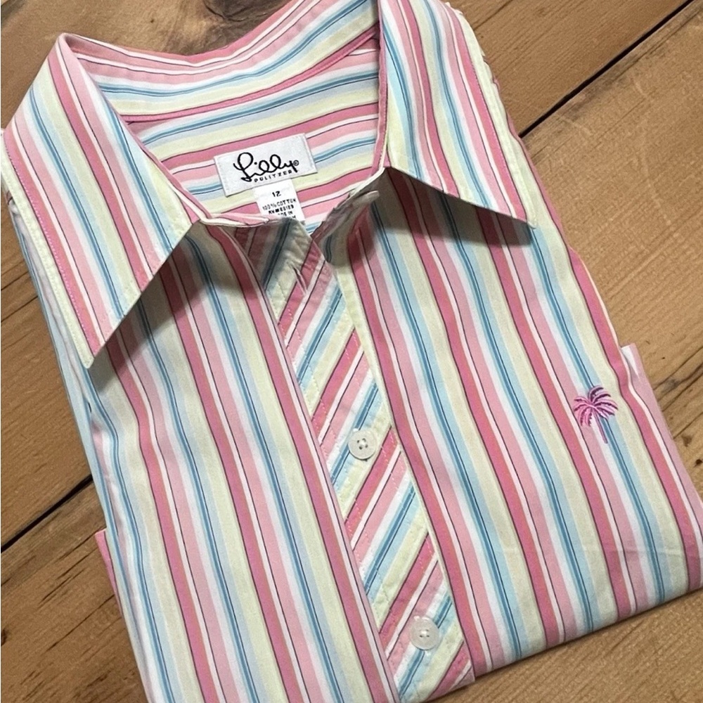 Vintage Lilly Pulitzer Shirt Dress - White Label Striped Palm Tree 3/4 Sleeves